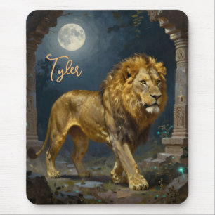 Mousepad Um Leão Dourado Passeando sob a Lua Personalizado