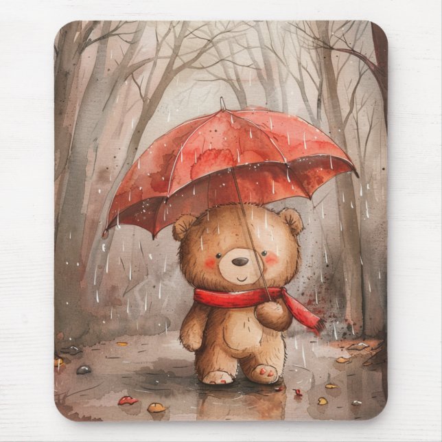 Mousepad Um Urso Teddy Fofo na Chuva (Frente)