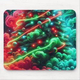 Mousepad Uma árvore de Natal em uma névoa fumacenta em um p