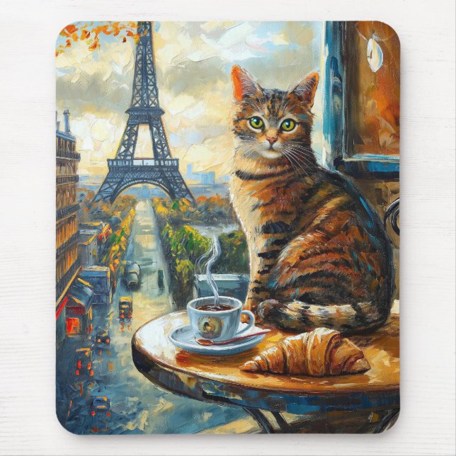 Mousepad Uma Manhã em Paris | Gato Malhado em um Café (Frente)