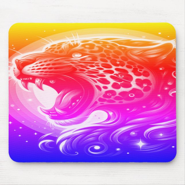 Mousepad Uma Onça Pintada Vermelha Rosa Azul Amarela + Roxa (Frente)