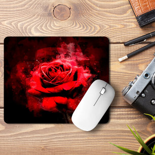 Mousepad Uma Rosa Vermelha em Aquarela sobre Fundo Preto