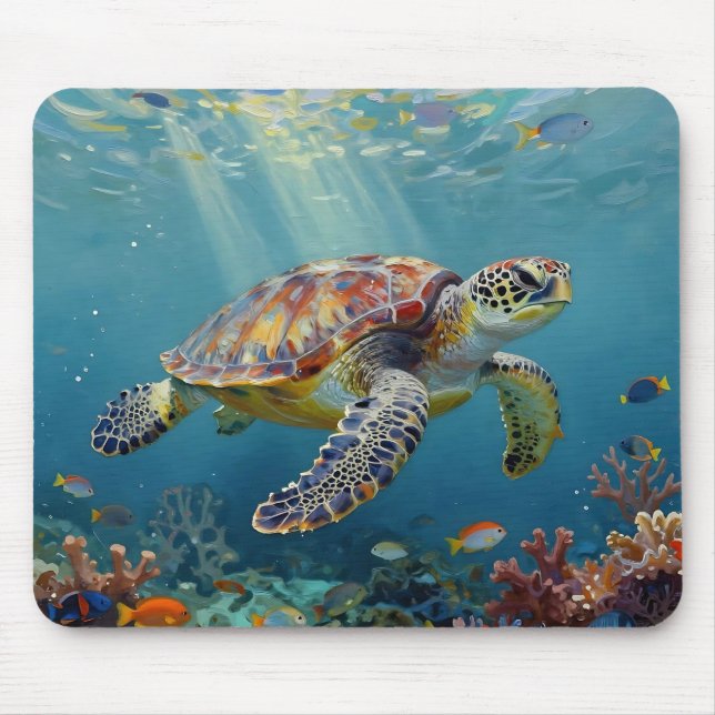 Mousepad Uma Tartaruga Marinha e Raios de Sol no Oceano Azu (Frente)