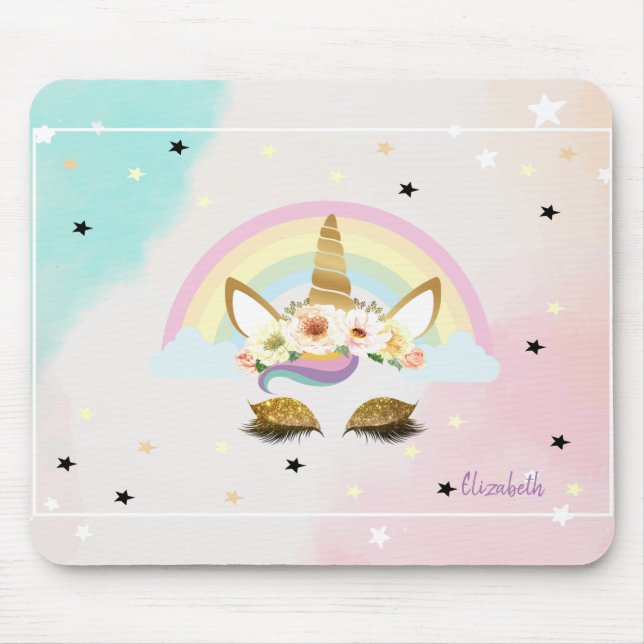 Mousepad Unicórnio Brilhante Mágico, Arco-íris, Estrelas (Frente)