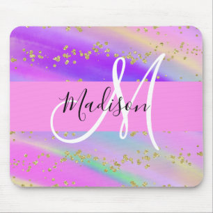 Mousepad Unicórnio Colorido Arco-Íris Dourado Glitter Monog