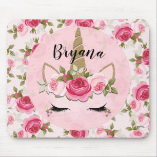 Mousepad Unicórnio Dourado Rosas Florais Rosa Fofas da Moda