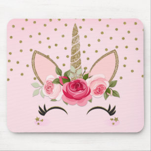 Mousepad Unicórnio Floral Rosa e Brilho Dourado Fashion