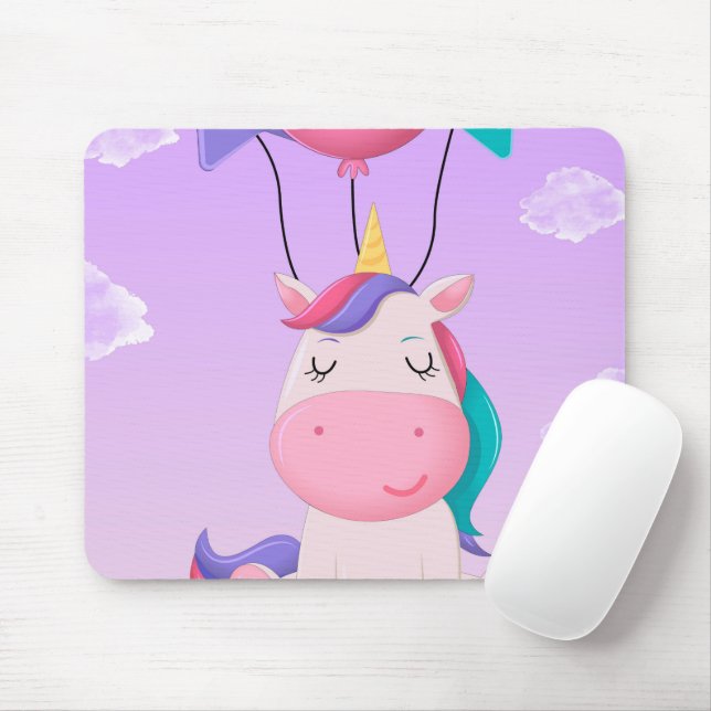 Mousepad Unicórnio Fofo Sentado e Balões Lilás (Com mouse)