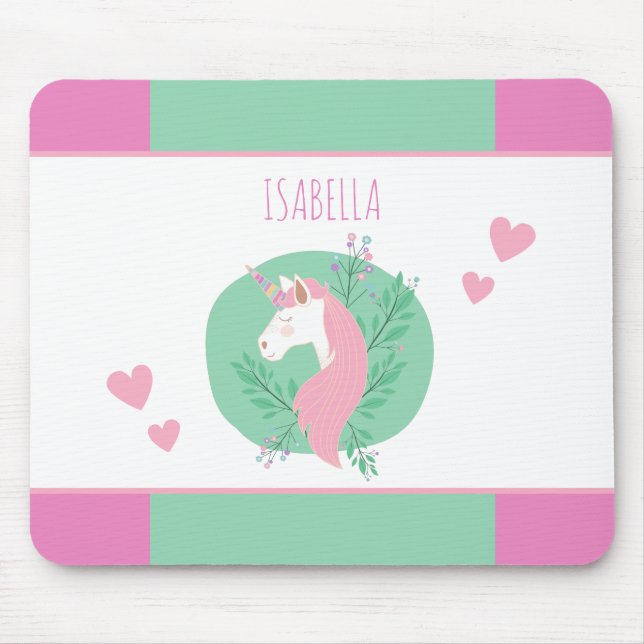 Mousepad Unicórnio Mágico, Rosa e Teal, nome de garotinha (Frente)