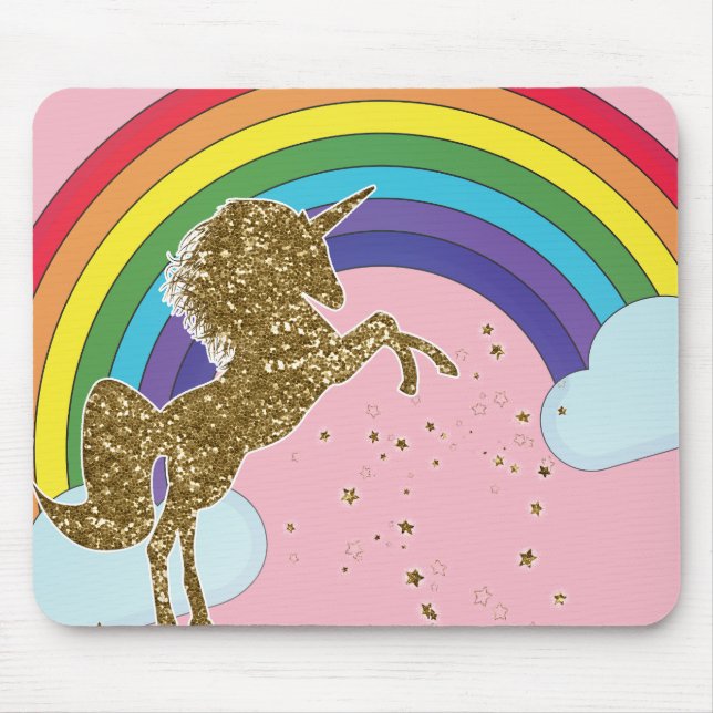 Mousepad Unicórnio Retro Arco-íris & Estrelas Douradas (Frente)