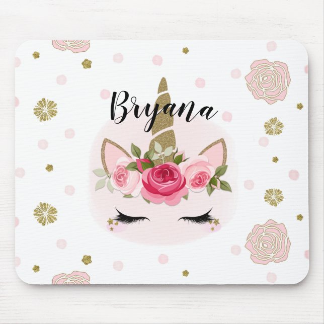 Mousepad Unicórnio Rosa e Dourado Flor Trendy Fofo (Frente)
