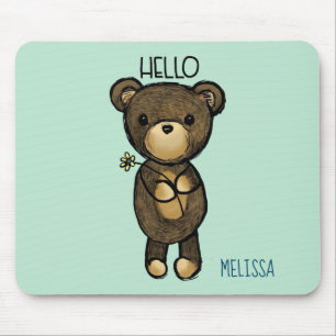 Mousepad Urso castanho-branco com flor amarela personalizad