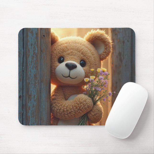 Mousepad Urso Castanho Segurando um Buquê de flor selvagem (Com mouse)