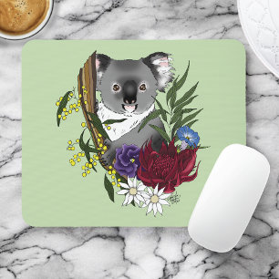 Mousepad Urso Coala Fofo Verde Vida Selvagem Floral Austral
