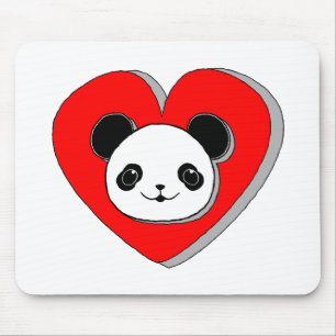 Mousepad Urso De Panda Bonito E Desenho De Coração Vermelho