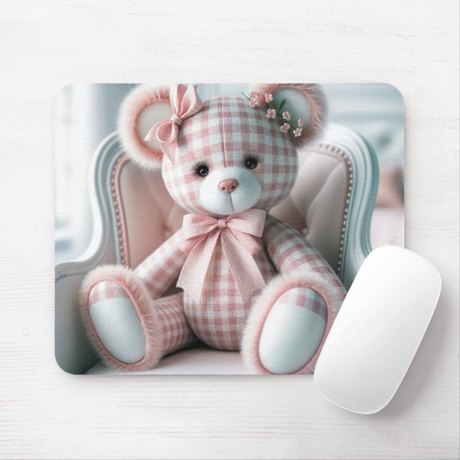 Mousepad Urso de pelúcia xadrez em uma cadeira (Com mouse)