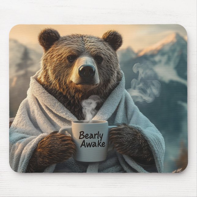 Mousepad Urso em Robe Segurando Caneca de Café (Frente)