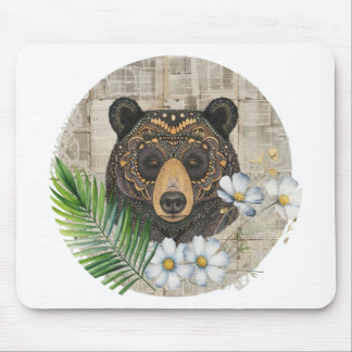 Mousepad Urso Floral Boho em Papel Antigo