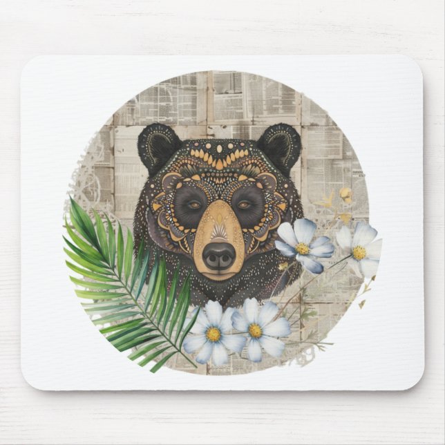 Mousepad Urso Floral Boho em Papel Antigo (Frente)