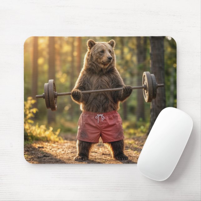 Mousepad Urso Levantando Pesos Em uma Floresta Ensolarada (Com mouse)