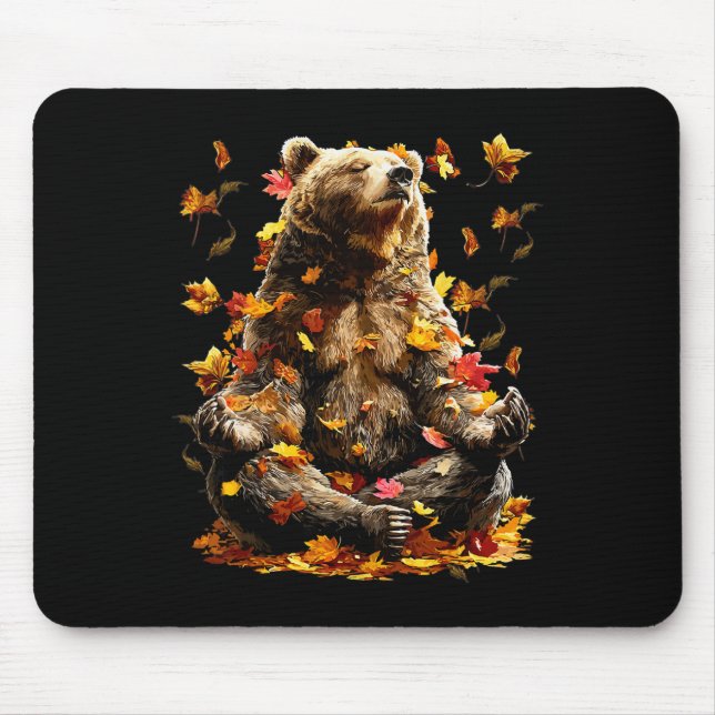 Mousepad Urso Pacífico Folhas de Outono Meditando Zen Anima (Frente)