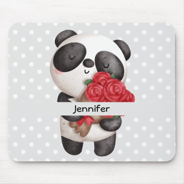 Mousepad Urso Panda Bonito com Rose Bouquet (Frente)
