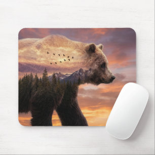 Mousepad Urso Pardo e Montanhas Dupla Exposição