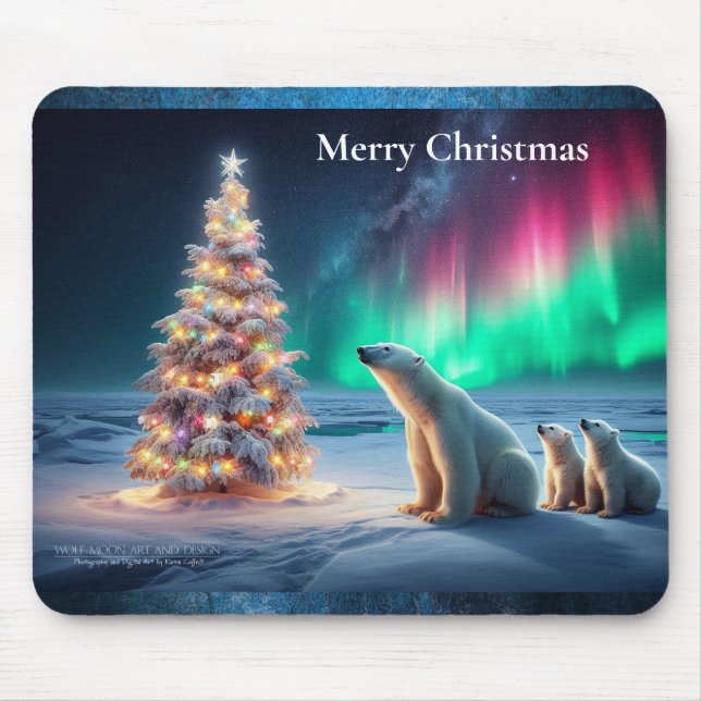 Mousepad Urso Polar Mamãe Cubra Luzes de Norte de Árvore de (Frente)