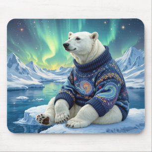 Mousepad Urso Polar Sentado Sob Luzes do Norte
