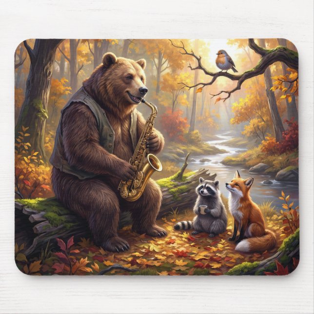 Mousepad Urso Tocando Saxofone na Floresta de Outono (Frente)