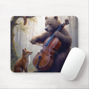 Mousepad Urso Tocando Violoncelo em uma Floresta Nebulosa