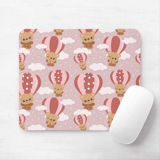 Mousepad Ursos Bebês em Balões de Ar Quente Rosa (Com mouse)