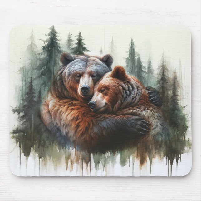 Mousepad Ursos e Árvores em Aquarela Rusticidade Selvagem (Frente)