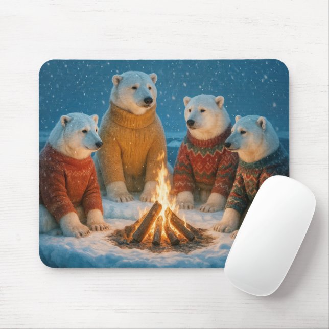 Mousepad Ursos Polares de Natal em Torno de uma Fogueira (Com mouse)