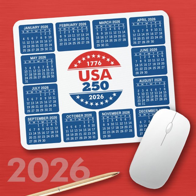 Mousepad USA 250 with 2026 Calendar - Red White Blue (2026 Calendar on a Mousepad)
