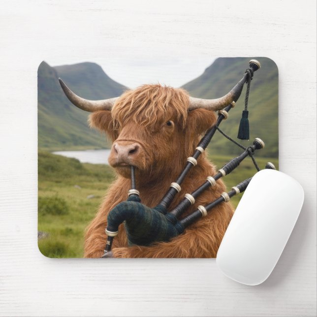 Mousepad Vaca das Terras Altas da Escócia Tocando as Gaitas (Com mouse)