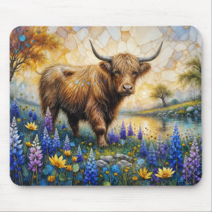 Mousepad Vaca das Terras Altas em Paisagem do Vale Floral