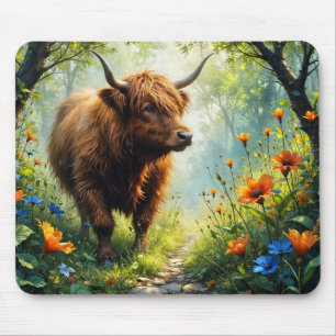 Mousepad Vaca das Terras Altas no bosque com flores silvest