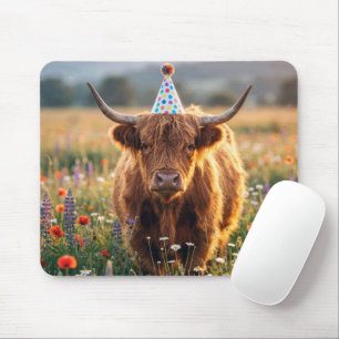 Mousepad Vaca das Terras Altas Usando um Chapéu de Festa de
