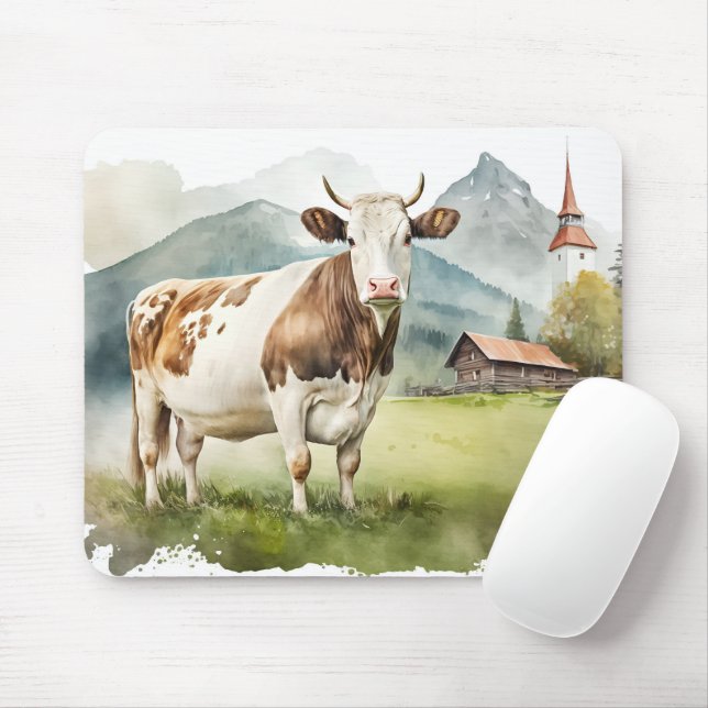 Mousepad Vaca De Aquarela Em Vale De Montanha (Com mouse)