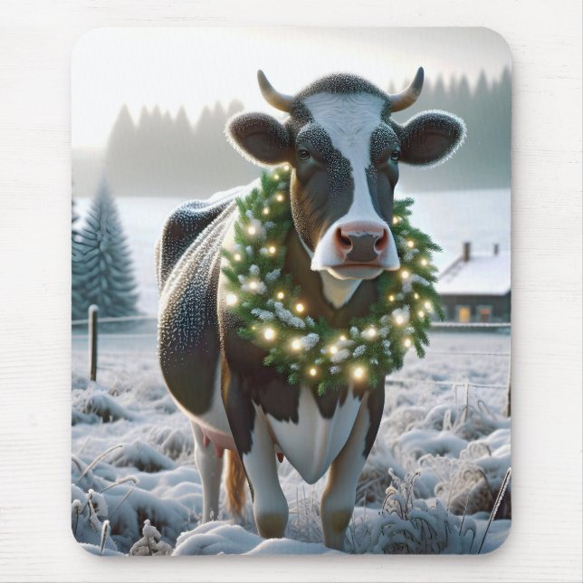 Mousepad Vaca de Holstein de Natal com Wreath (Frente)