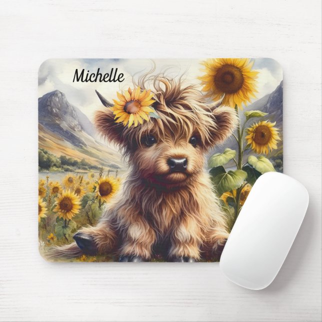 Mousepad Vaca E Girassóis, Cuecas, Terras Altas, Com Nome (Com mouse)