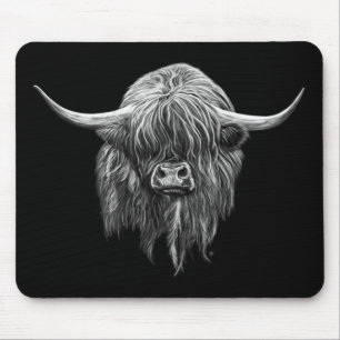 Mousepad Vaca escocesa das montanhas em preto e branco