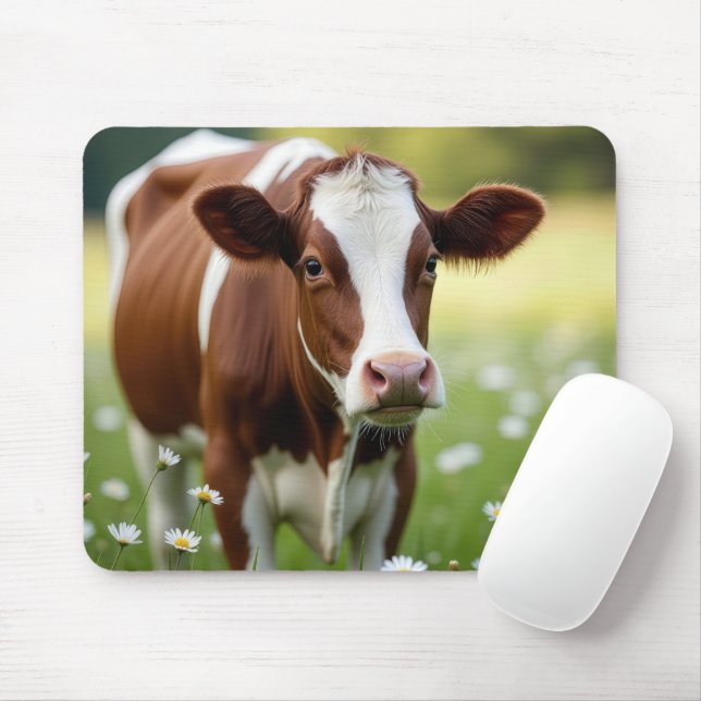 Mousepad Vaca Guernsey No Campo De Flor Selvagem (Com mouse)