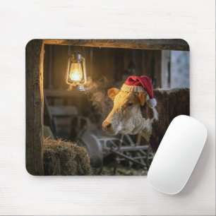 Mousepad Vaca Hereford de Natal em um celeiro