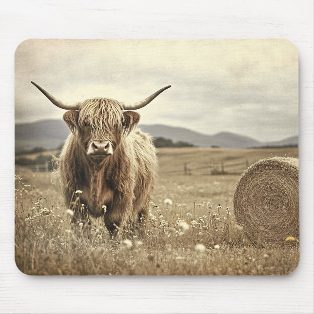 Mousepad Vaca Highland em uma Vintage Hay Field (Frente)