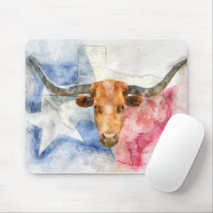 Mousepad Vaca Longhorn com mapa do Texas e Flag Watercolor