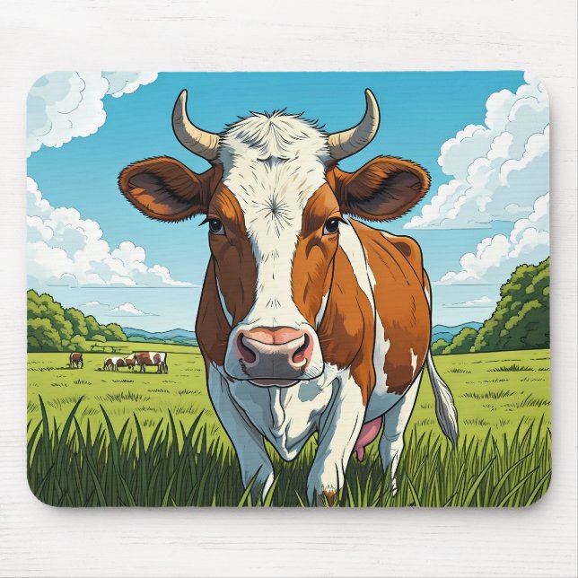 Mousepad Vaca marrom e branca em pé em um campo de grama (Frente)