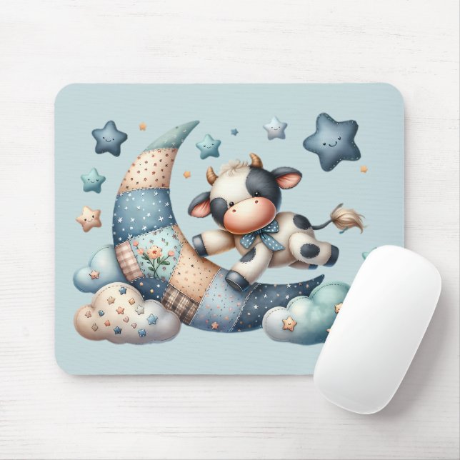 Mousepad Vaca Patchwork Fofa Sobre a Lua com Estrelas (Com mouse)