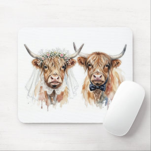 Mousepad Vacas das Terras Altas no Casamento em Aquarela